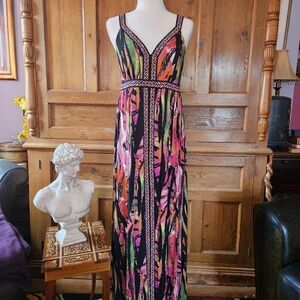 Striking Calvin Klein Black Multi-Color Sleeveless V-Neck Maxi Dress